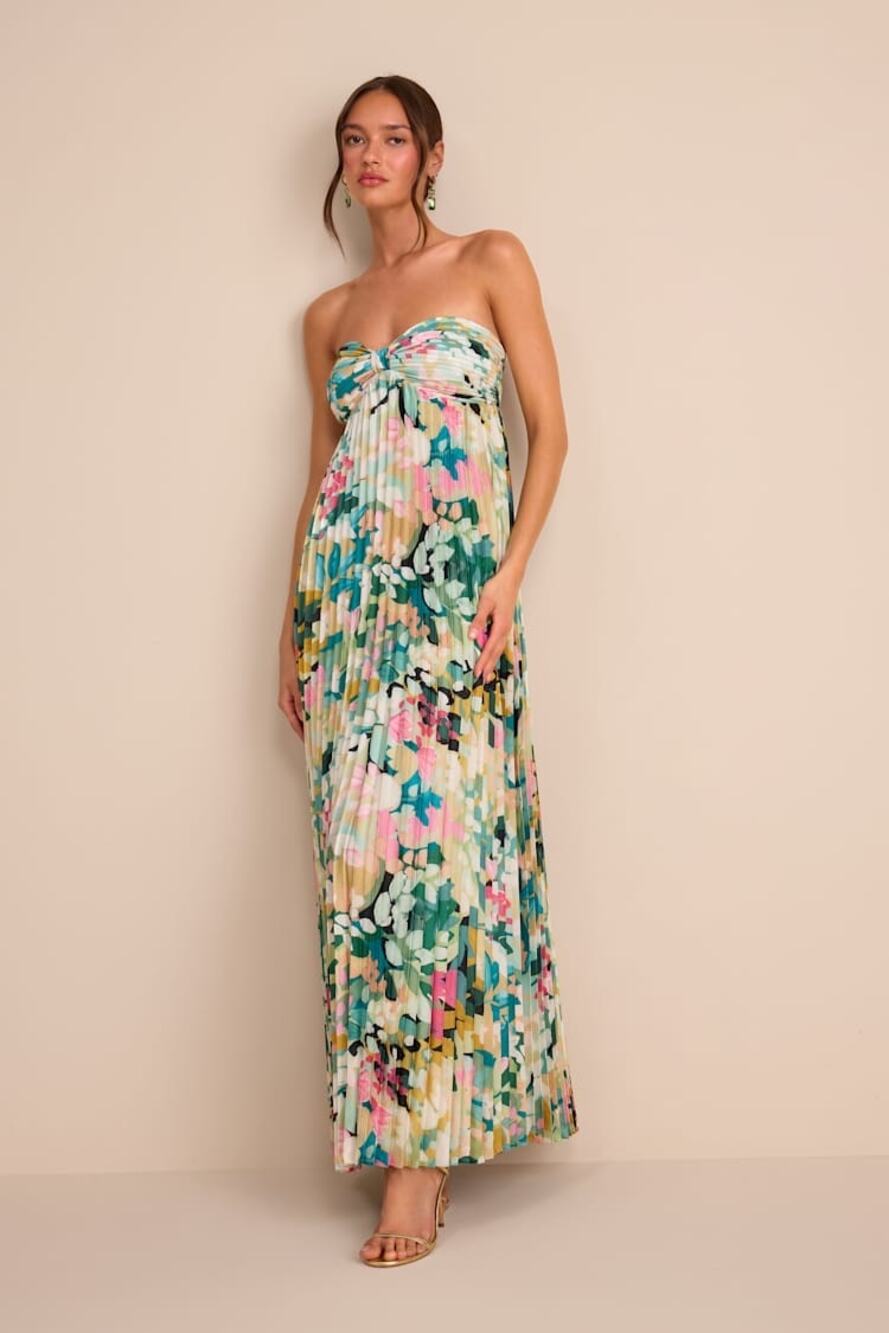 NWT Lulus Sz XL Whimsical Beauty Multi Floral Satin Plisse Strapless Maxi Dress